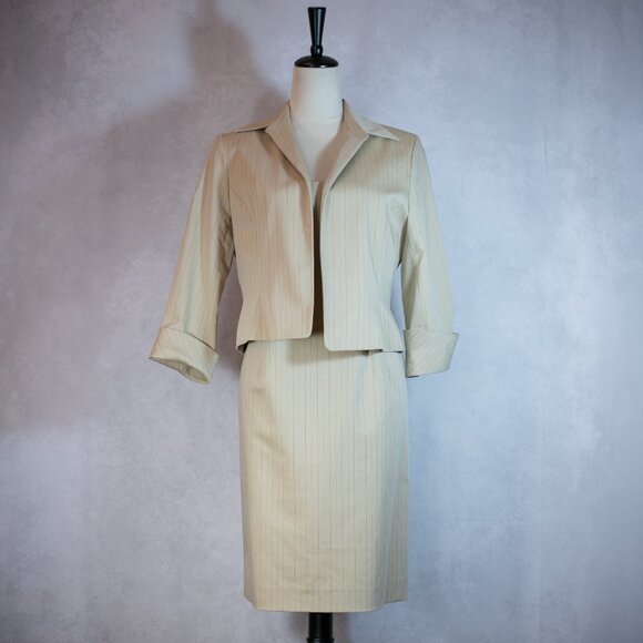 Jones New York Set Suit Dress and Blazer Jacket Striped Petite Tan Beige Size 12 - Picture 2 of 15